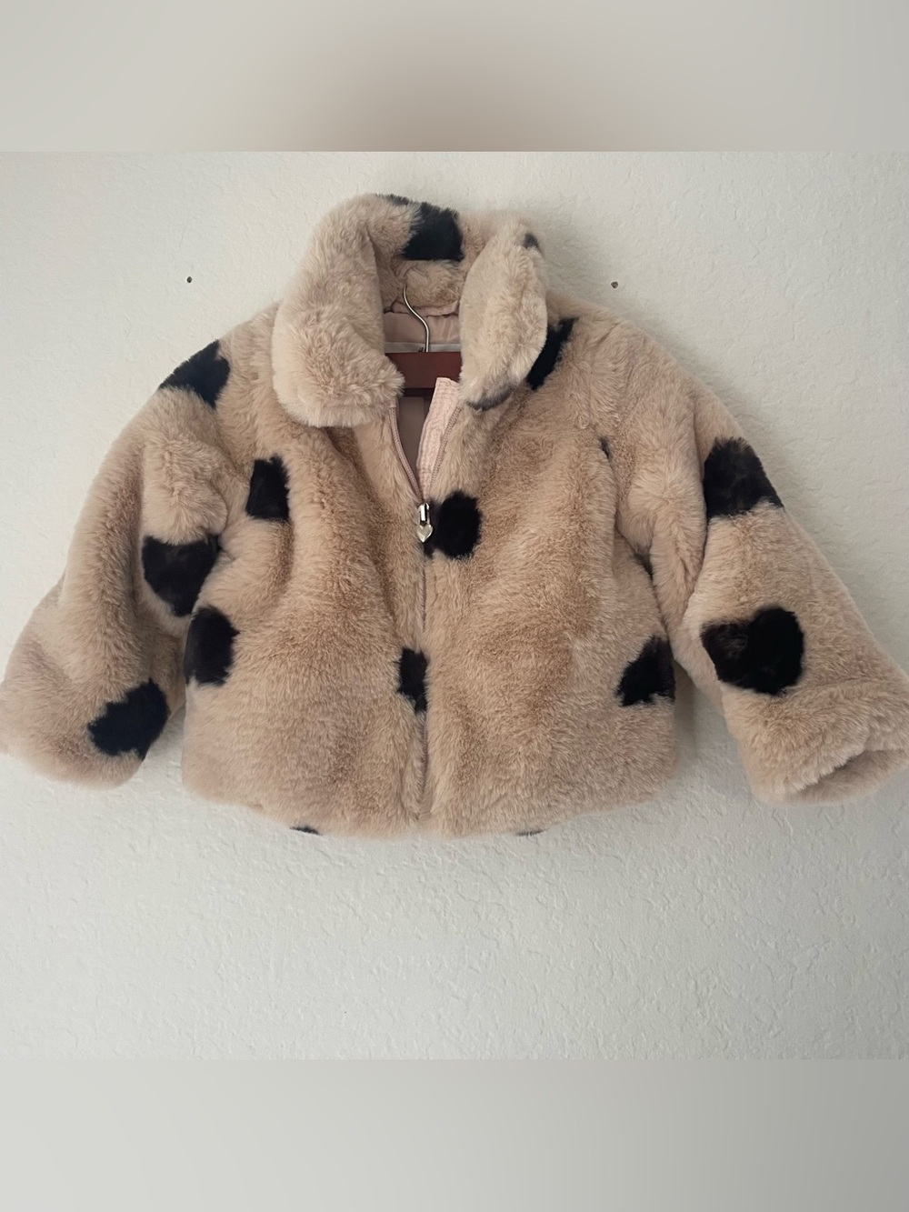 H&M Beige Faux Fur Jacket with Dark Brown Spots